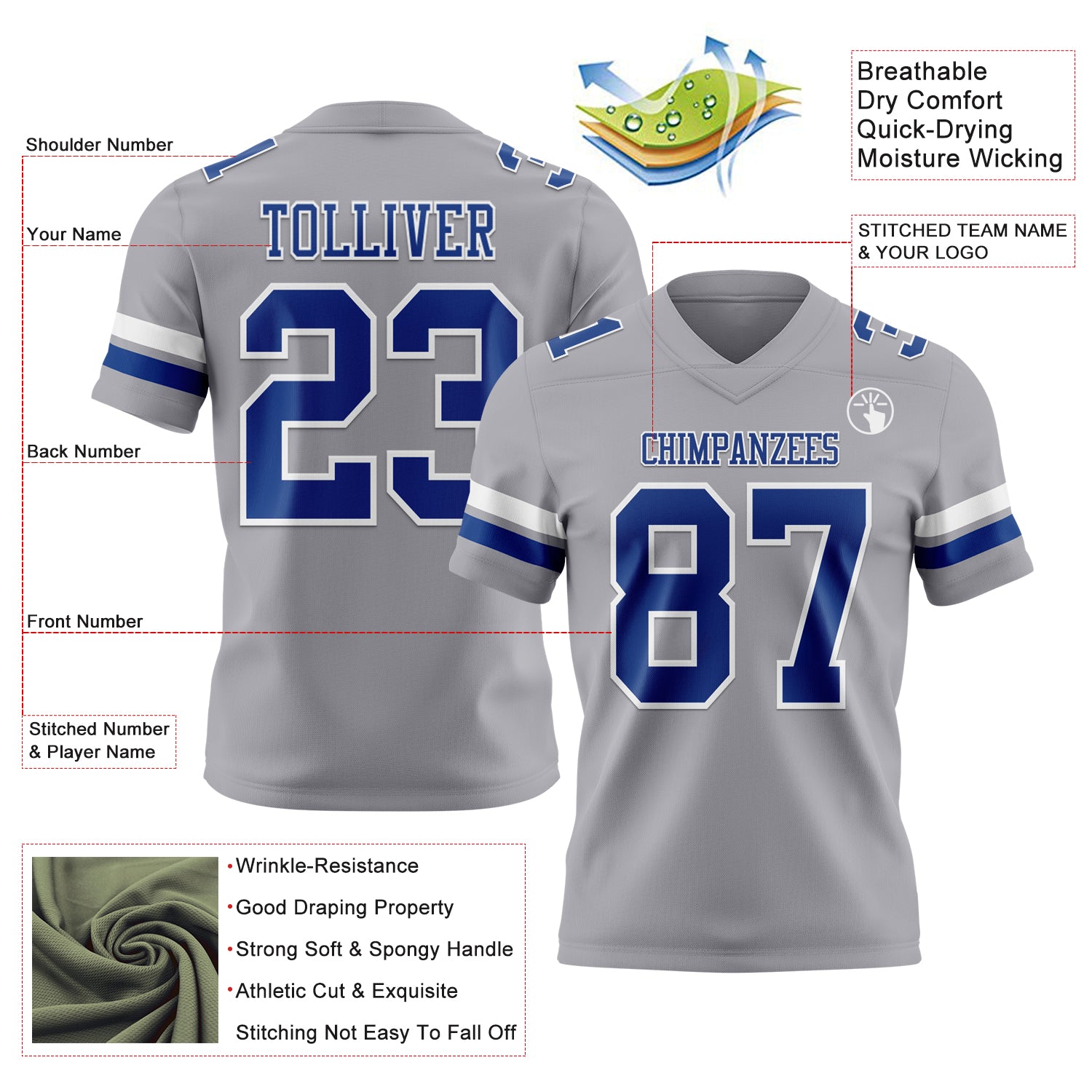 Custom Gray Royal-White Authentic Football Jersey