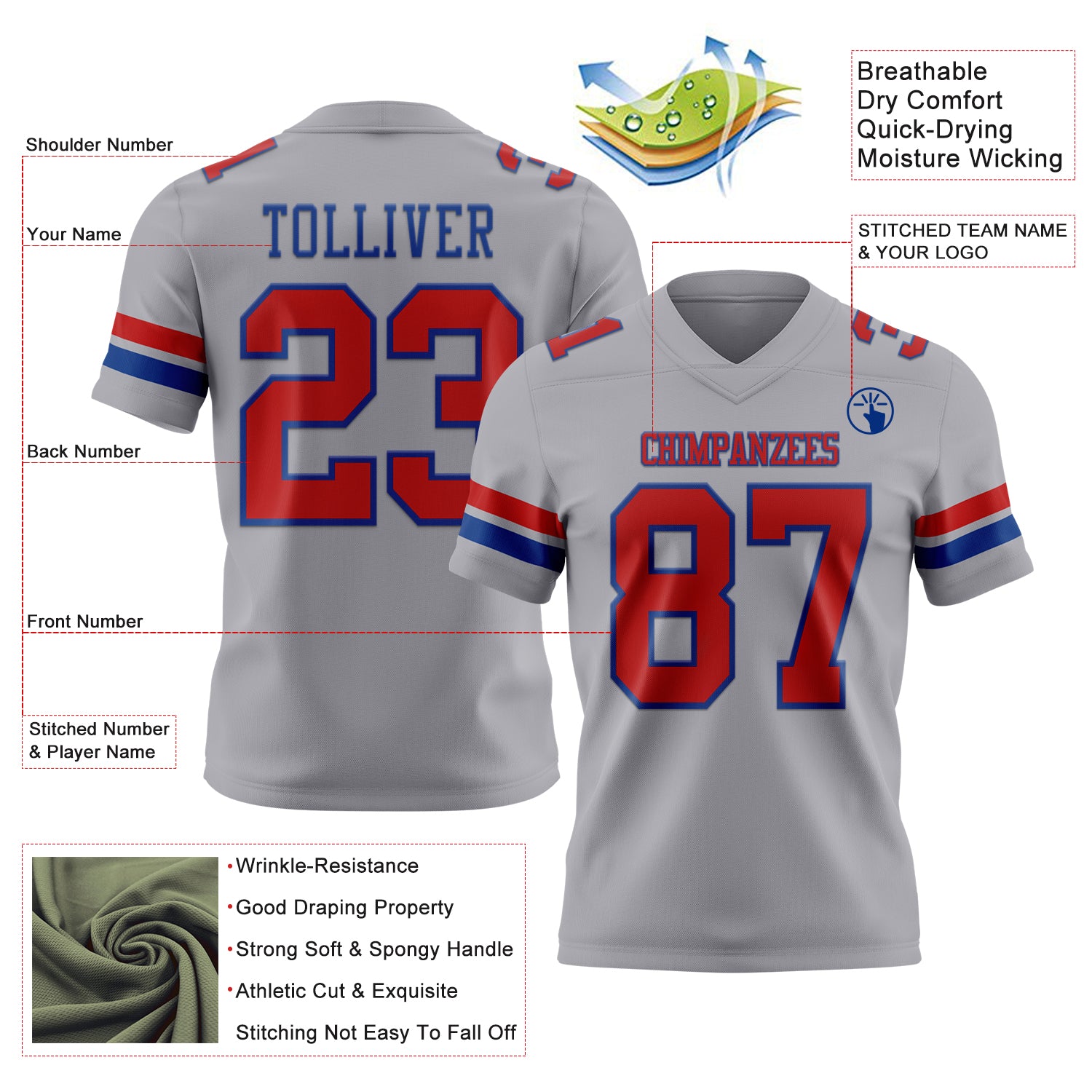 Custom Gray Red-Royal Authentic Football Jersey