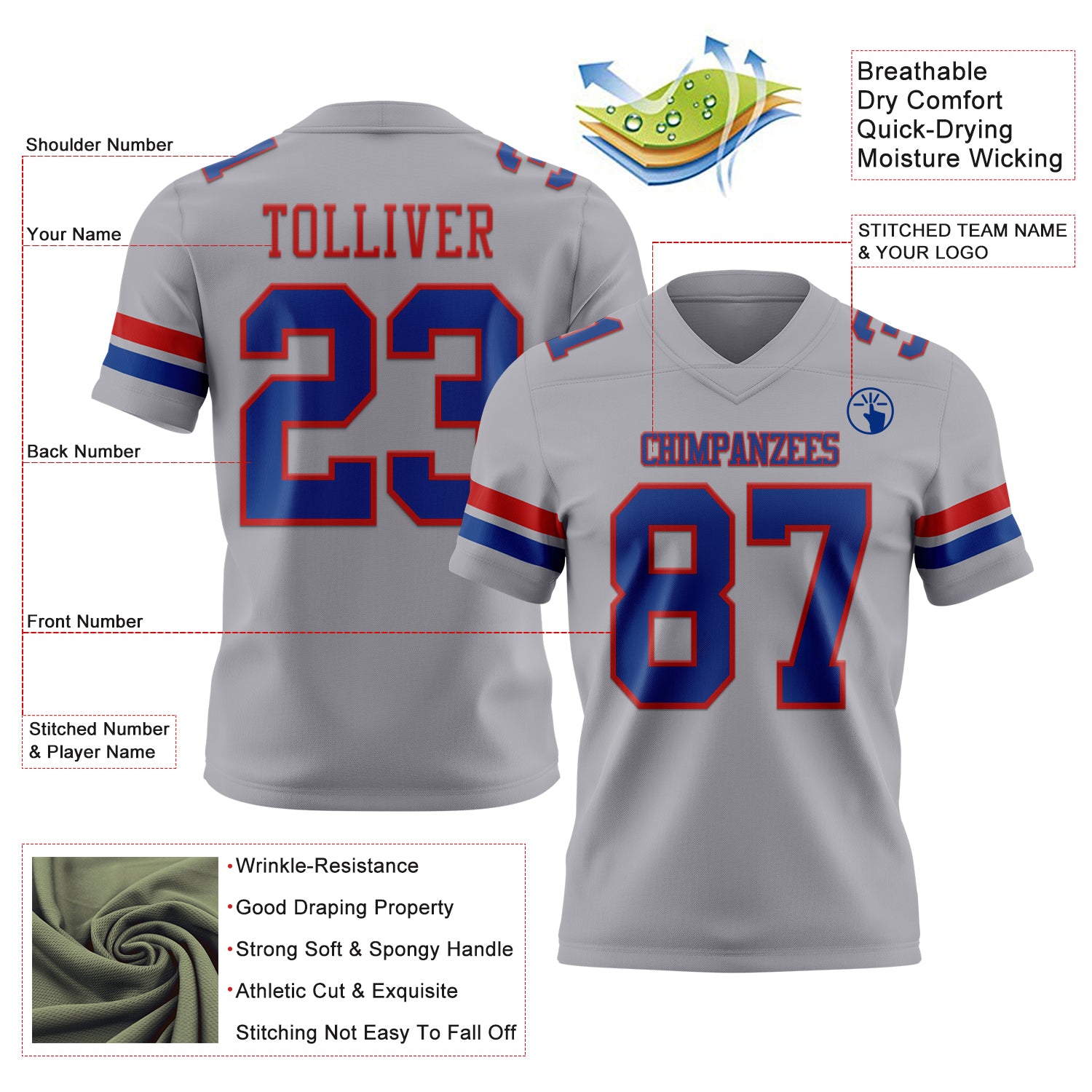 Custom Gray Royal-Red Authentic Football Jersey