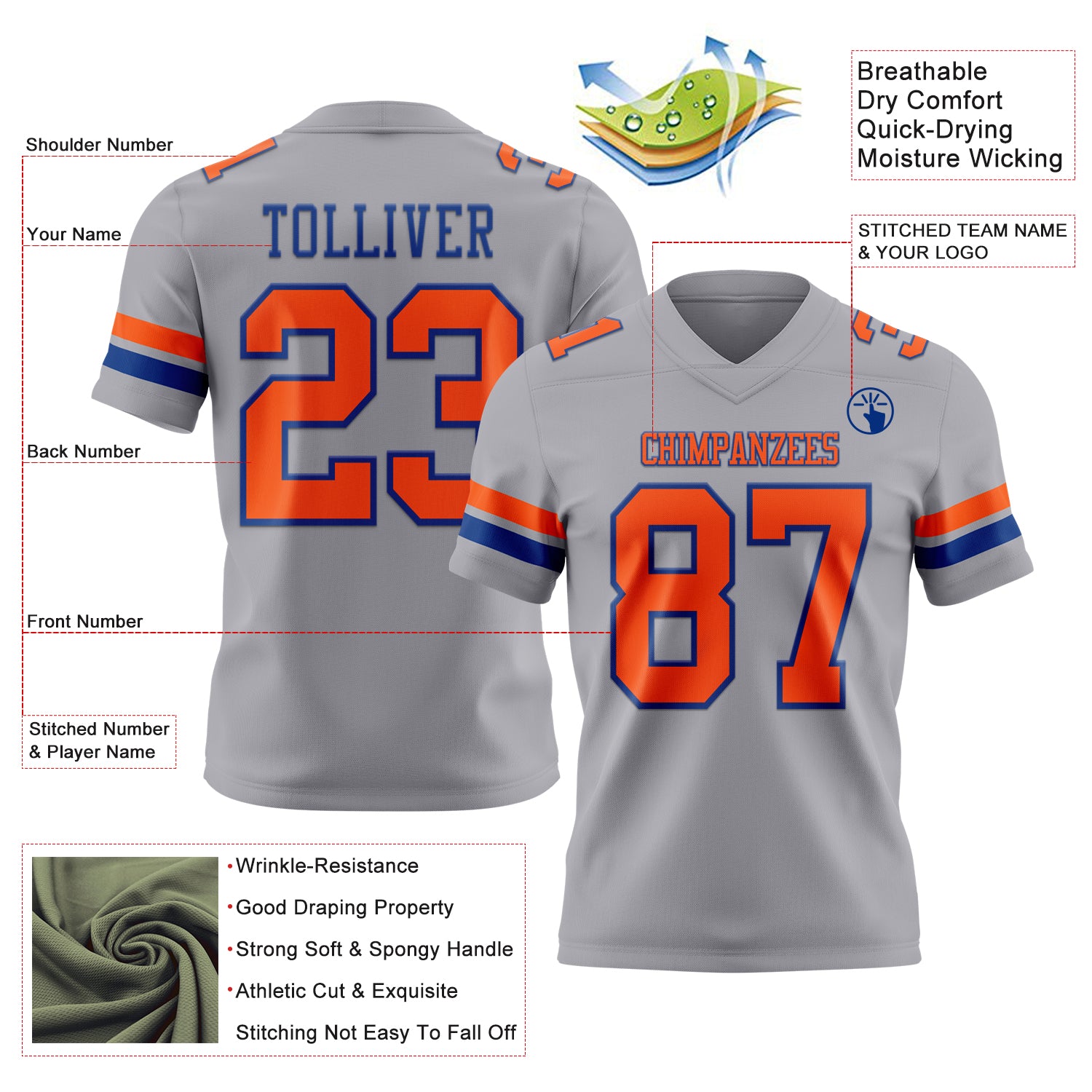 Custom Gray Orange-Royal Authentic Football Jersey