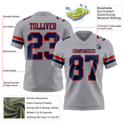 Custom Gray Navy-Red Authentic Football Jersey