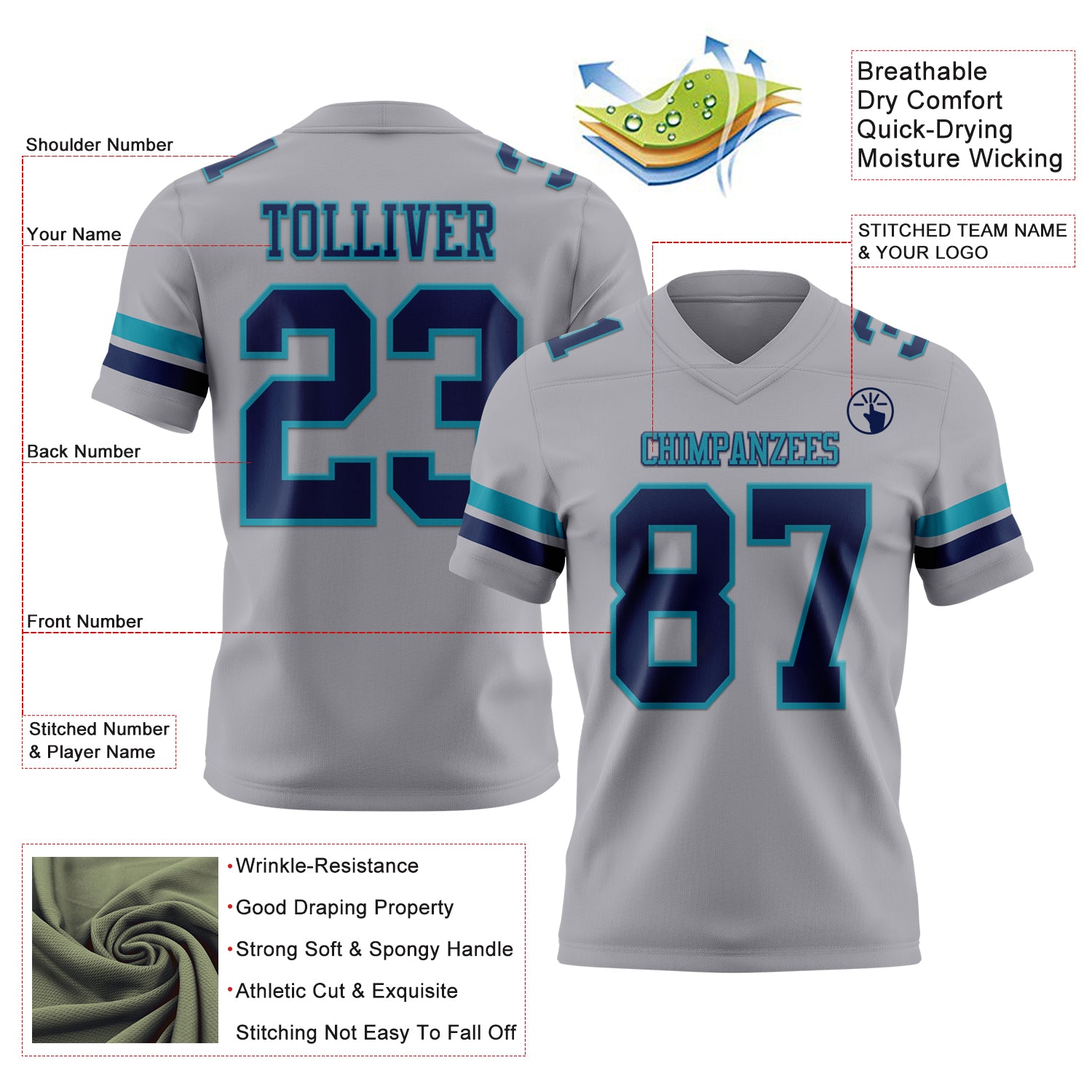 Custom Gray Navy-Teal Authentic Football Jersey