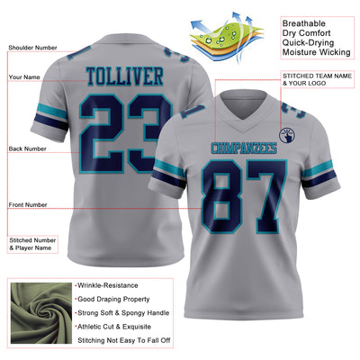 Custom Gray Navy-Teal Authentic Football Jersey