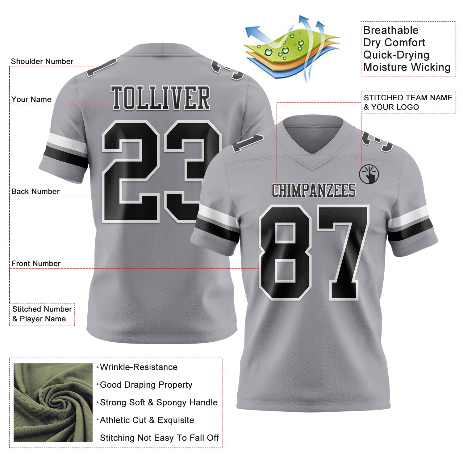 Custom Gray Black-White Authentic Football Jersey