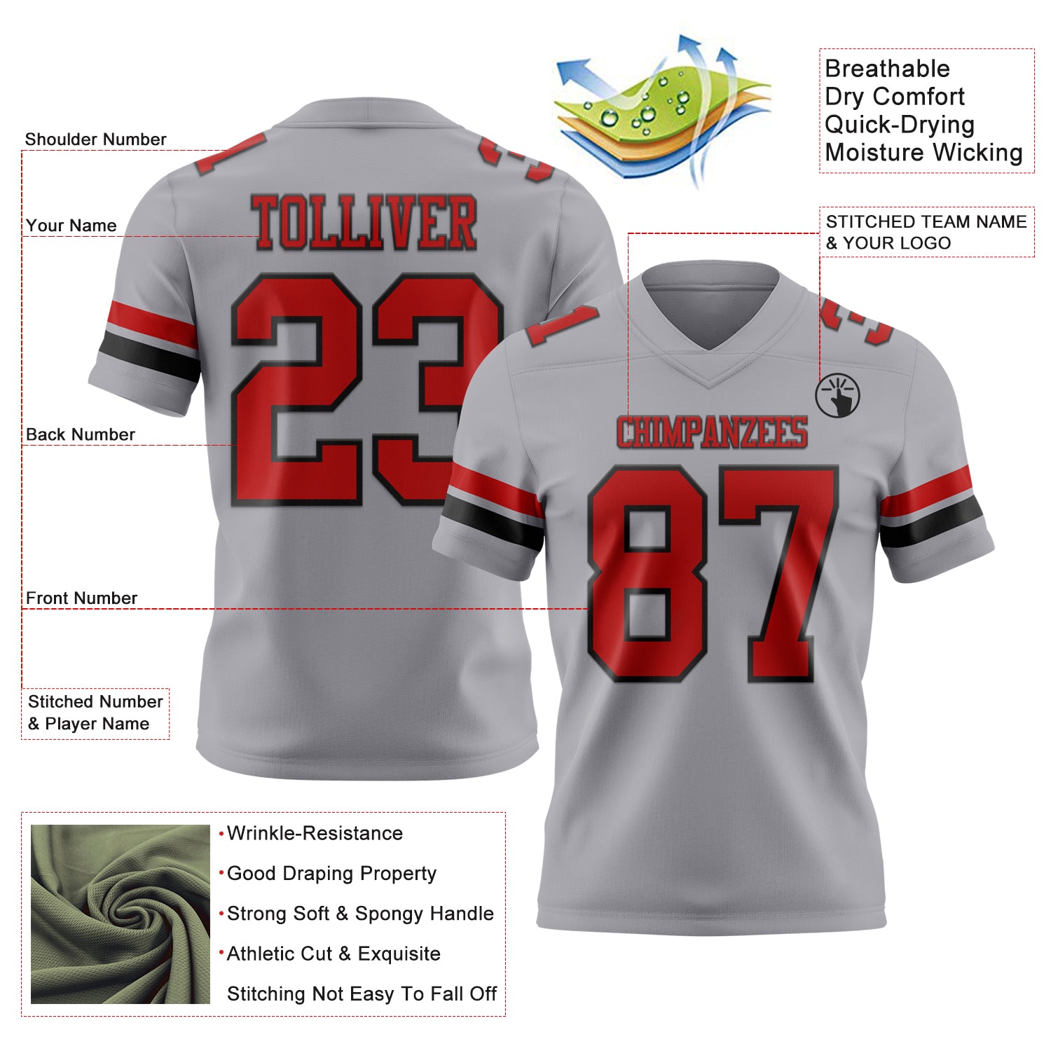 Custom Gray Red-Black Authentic Football Jersey
