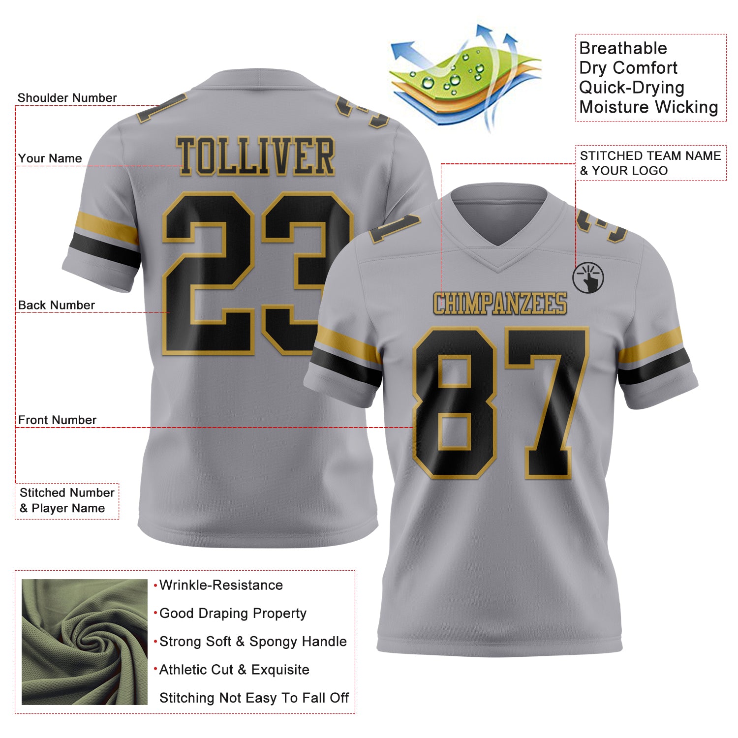 Custom Gray Black-Old Gold Authentic Football Jersey