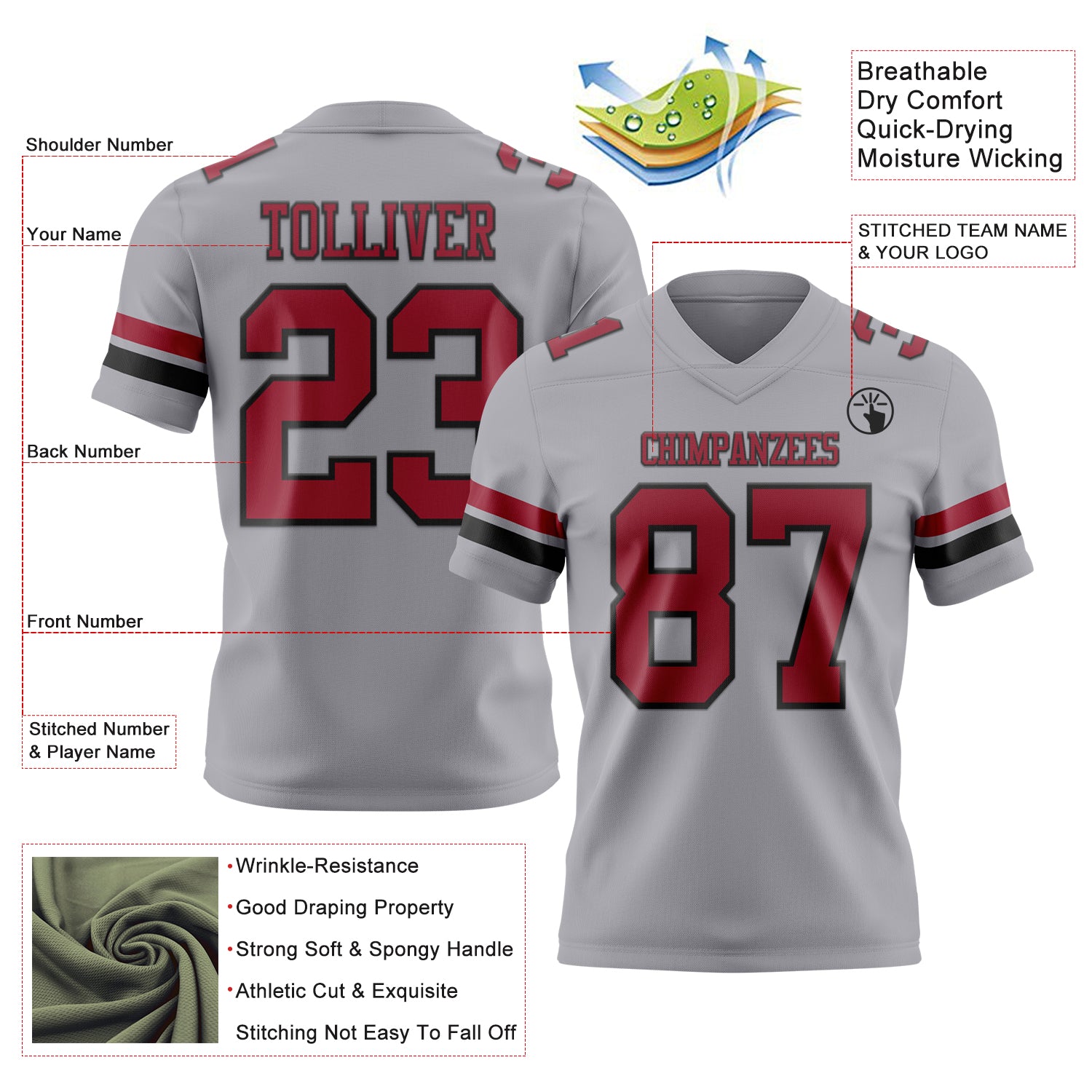 Custom Gray Cardinal-Black Authentic Football Jersey