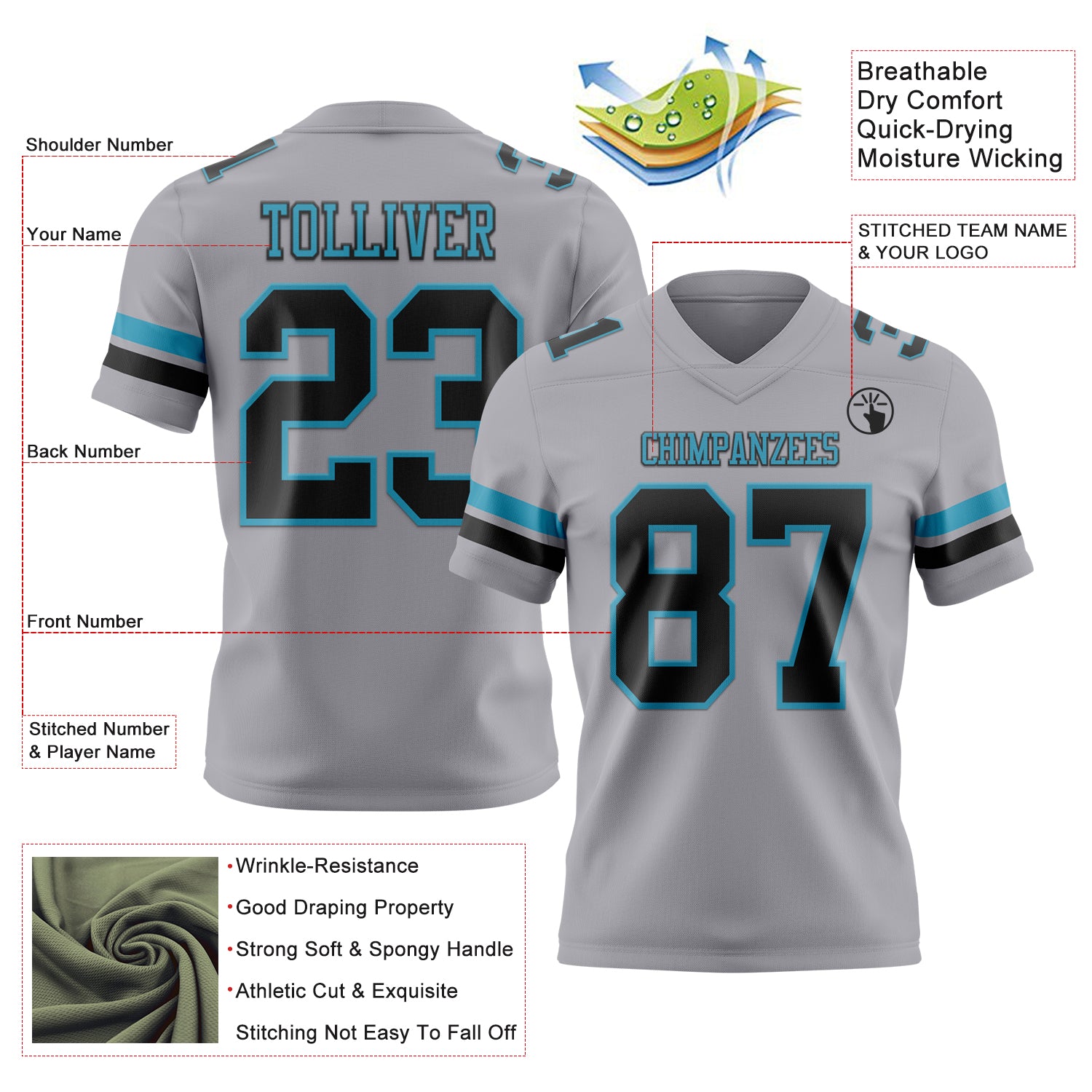 Custom Gray Black-Panther Blue Authentic Football Jersey