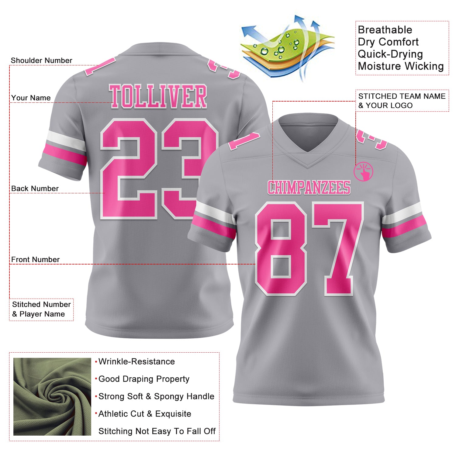 Custom Gray Pink-White Authentic Football Jersey