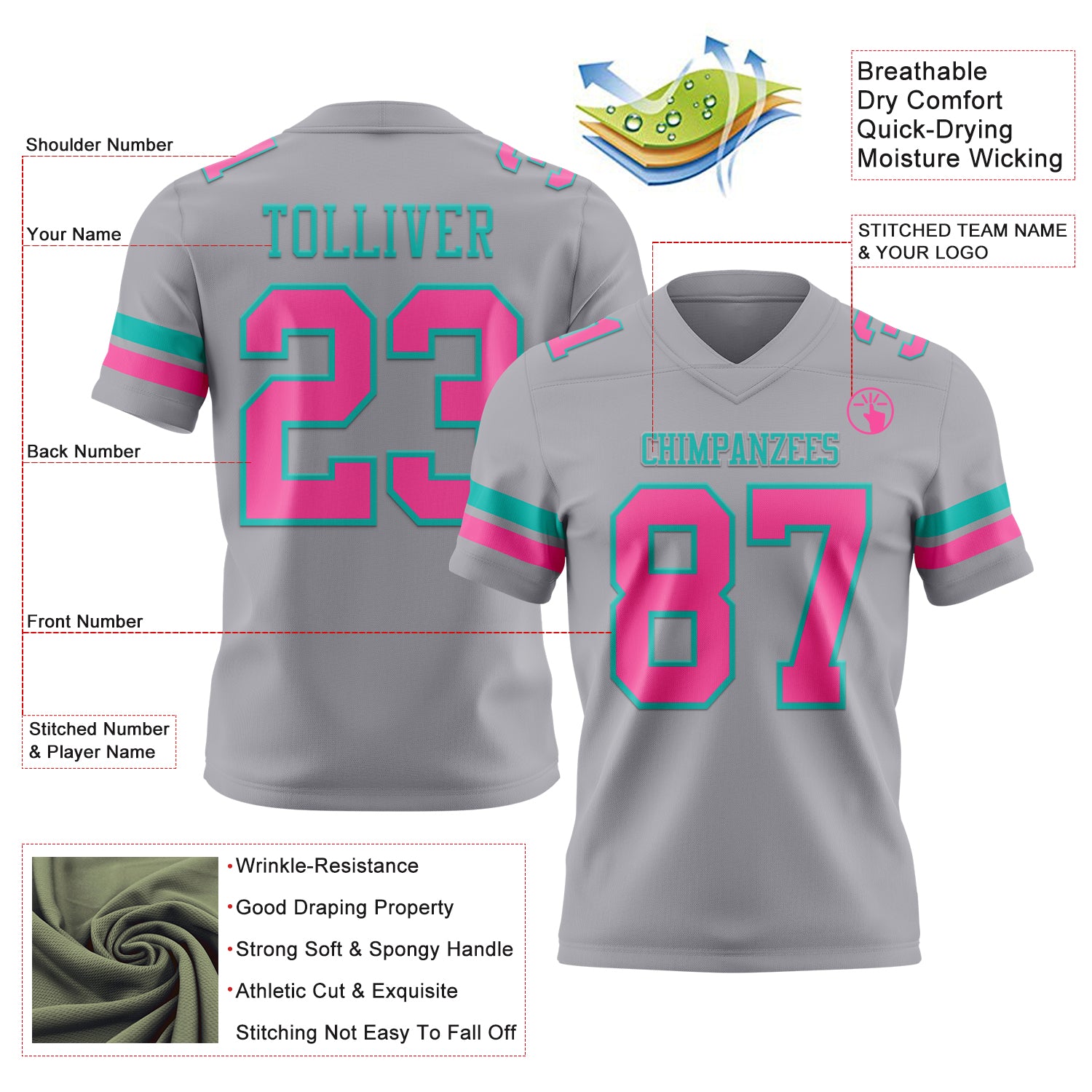Custom Gray Pink-Aqua Authentic Football Jersey