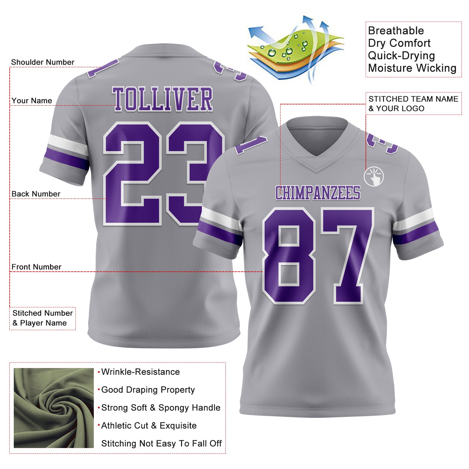 Custom Gray Purple-White Authentic Football Jersey