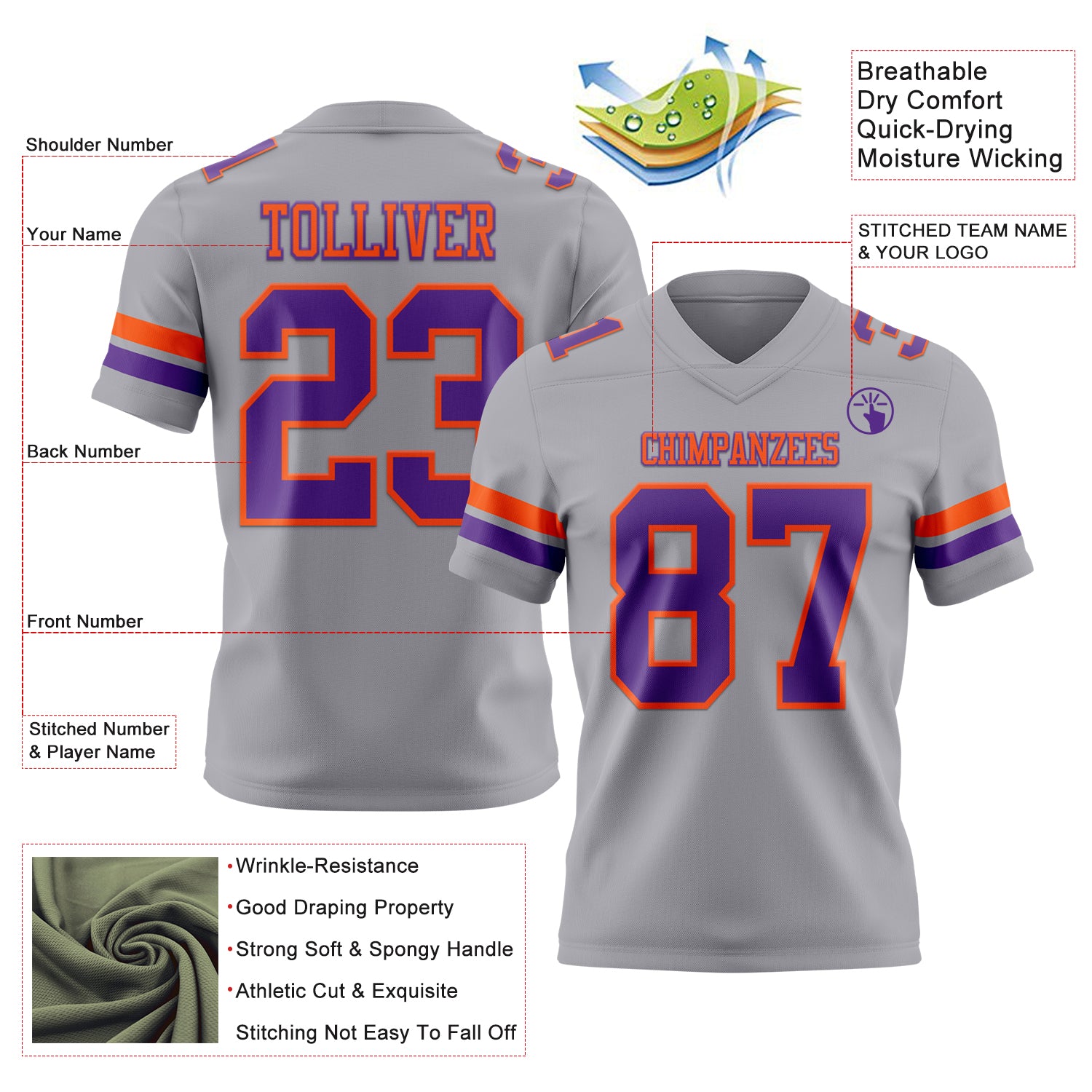 Custom Gray Purple-Orange Authentic Football Jersey