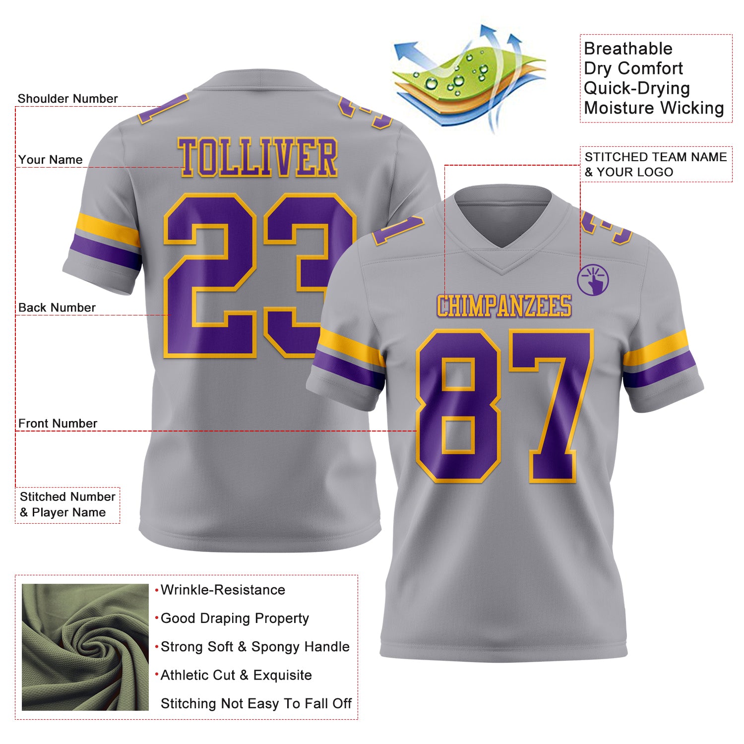 Custom Gray Purple-Gold Authentic Football Jersey