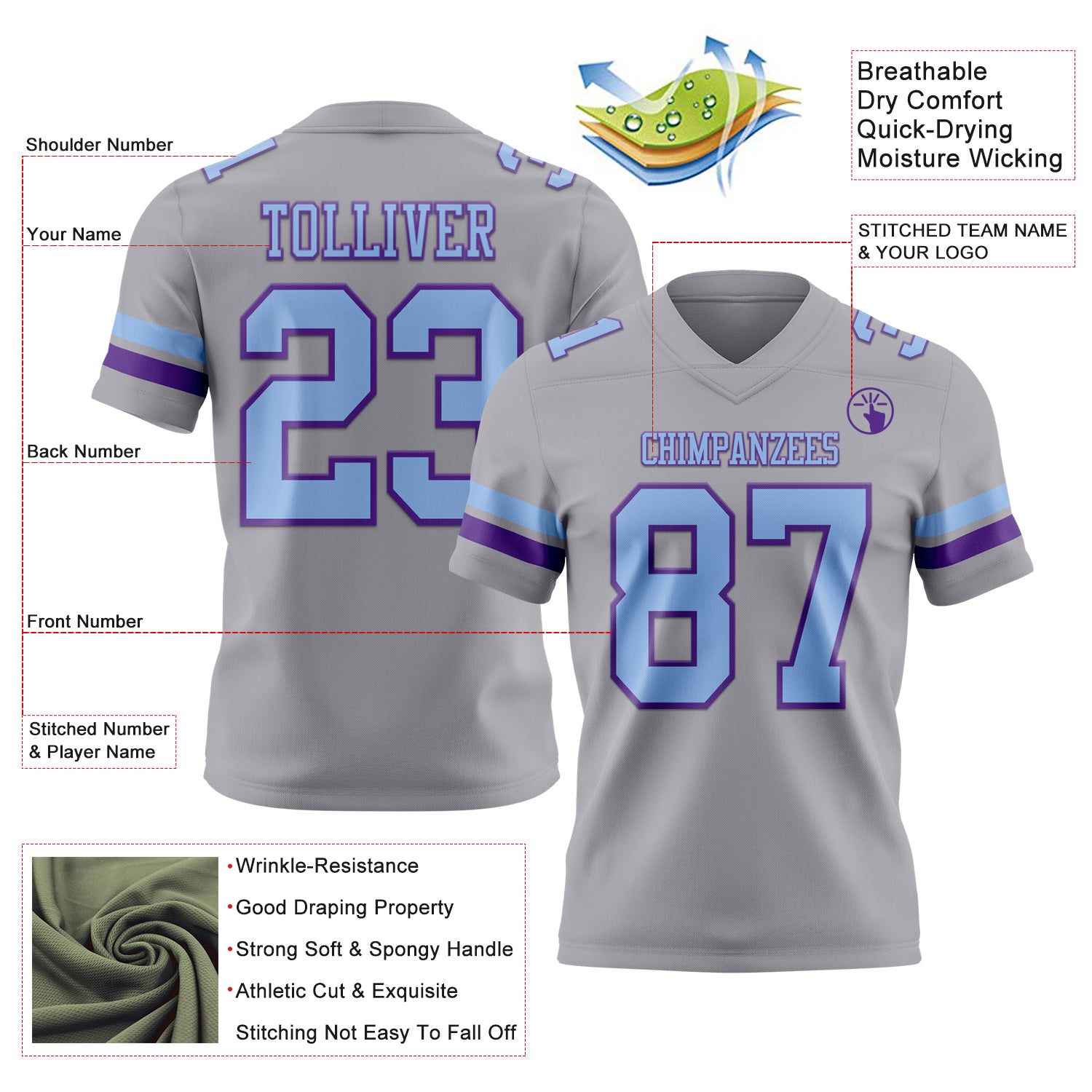 Custom Gray Light Blue-Purple Authentic Football Jersey
