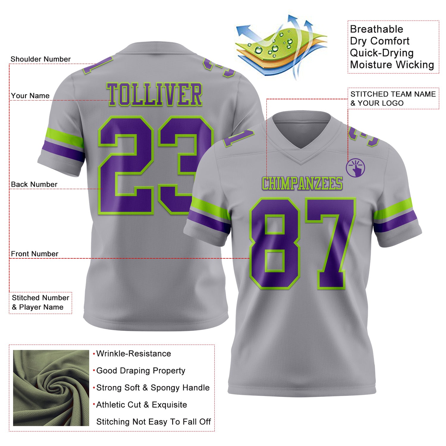 Custom Gray Purple-Neon Green Authentic Football Jersey
