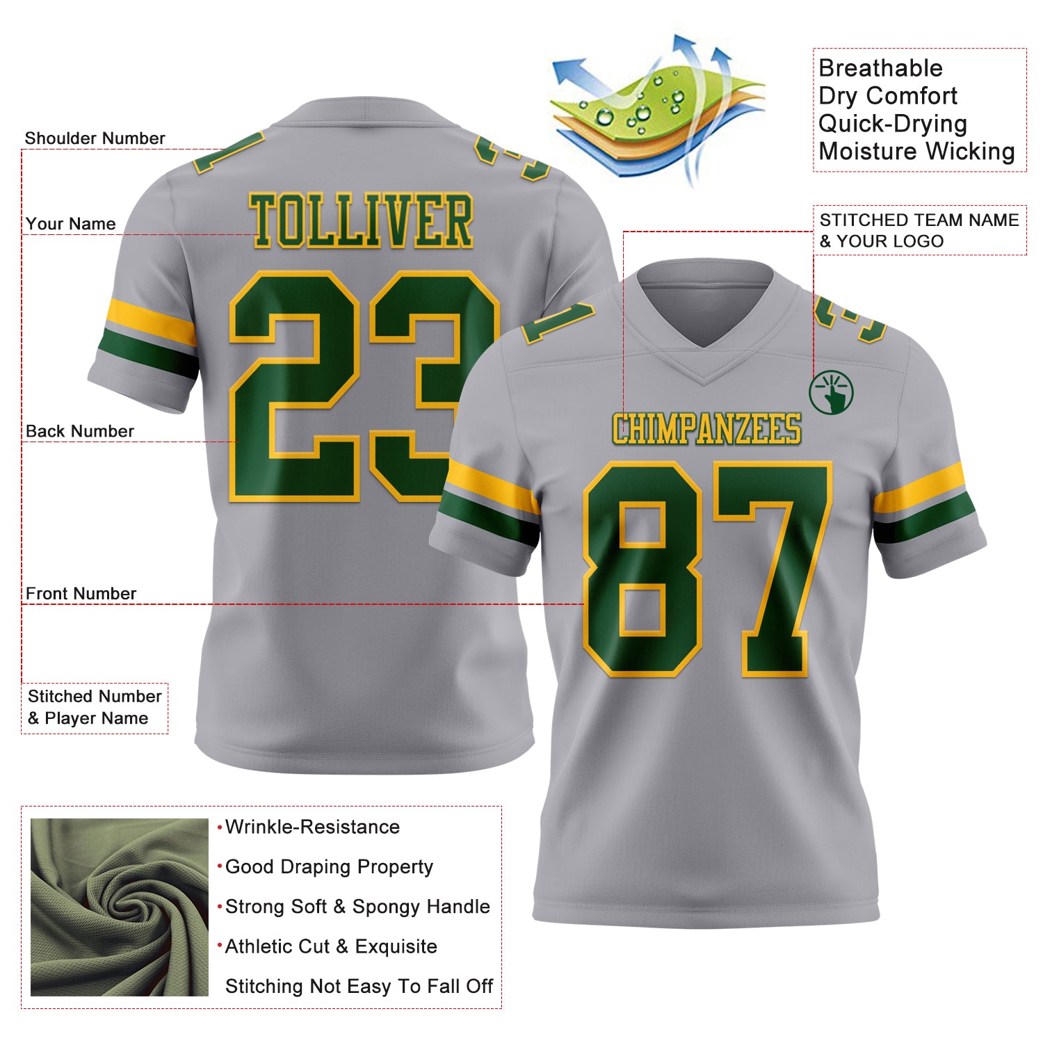 Custom Gray Green-Gold Authentic Football Jersey