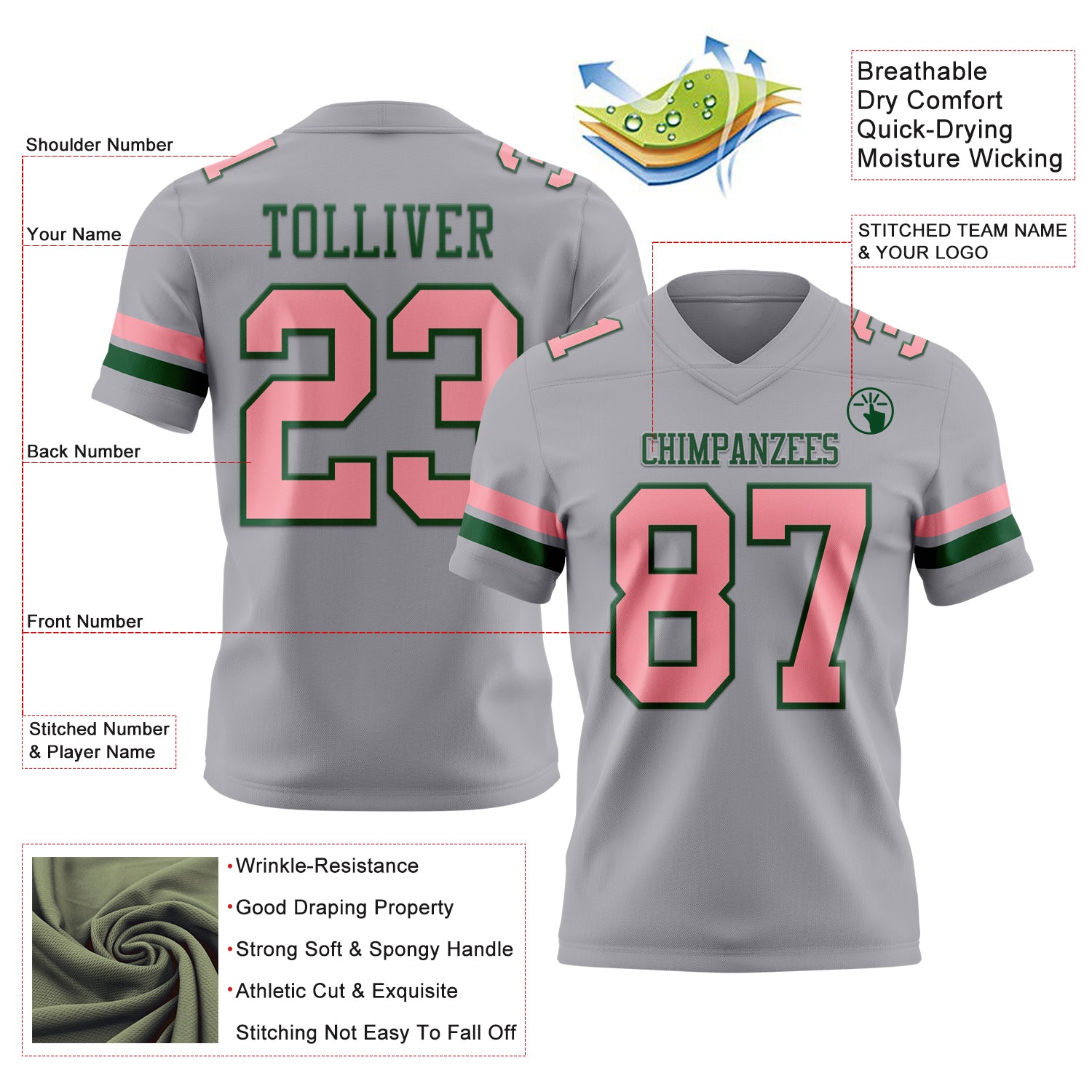 Custom Gray Medium Pink-Green Authentic Football Jersey