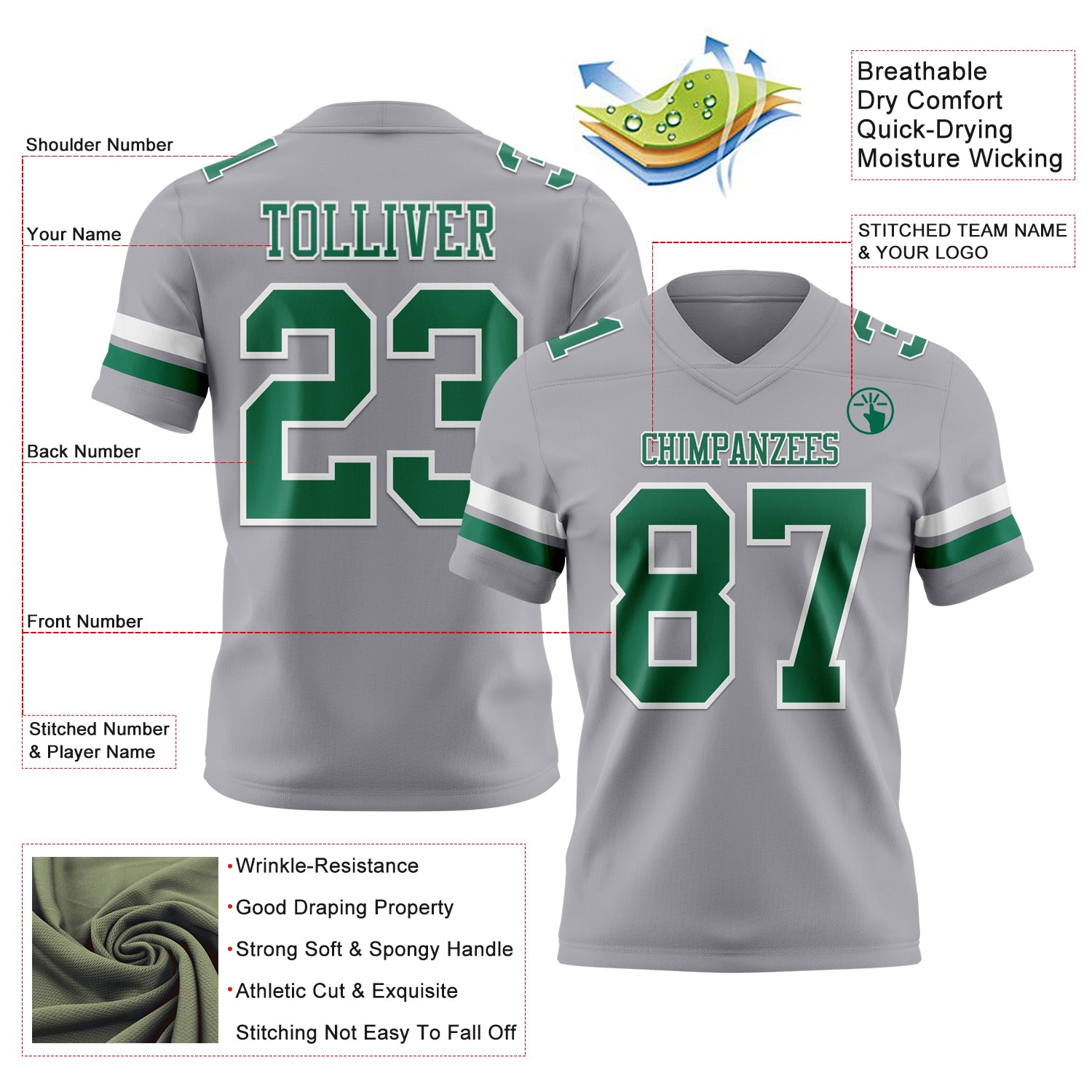 Custom Gray Kelly Green-White Authentic Football Jersey