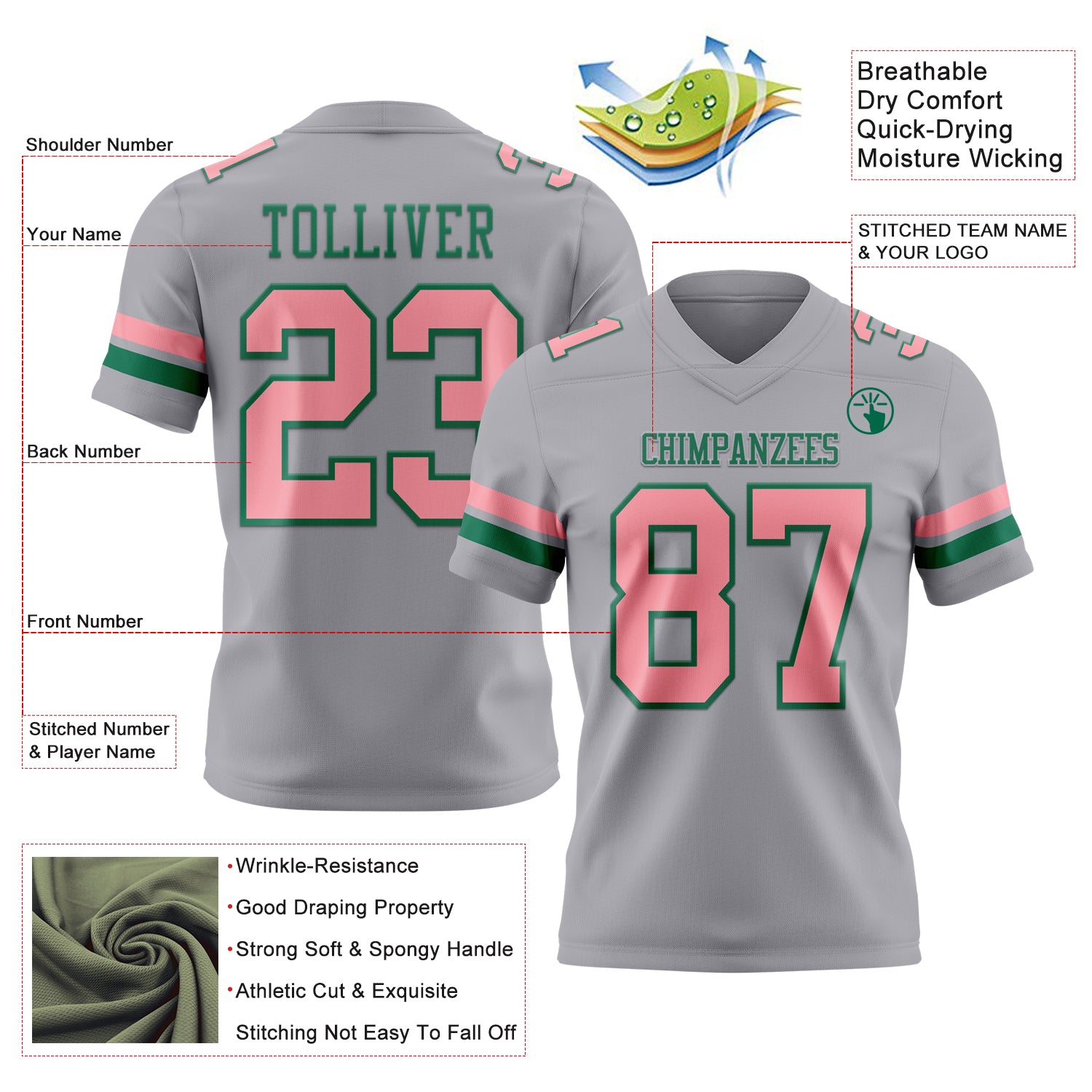 Custom Gray Medium Pink-Kelly Green Authentic Football Jersey