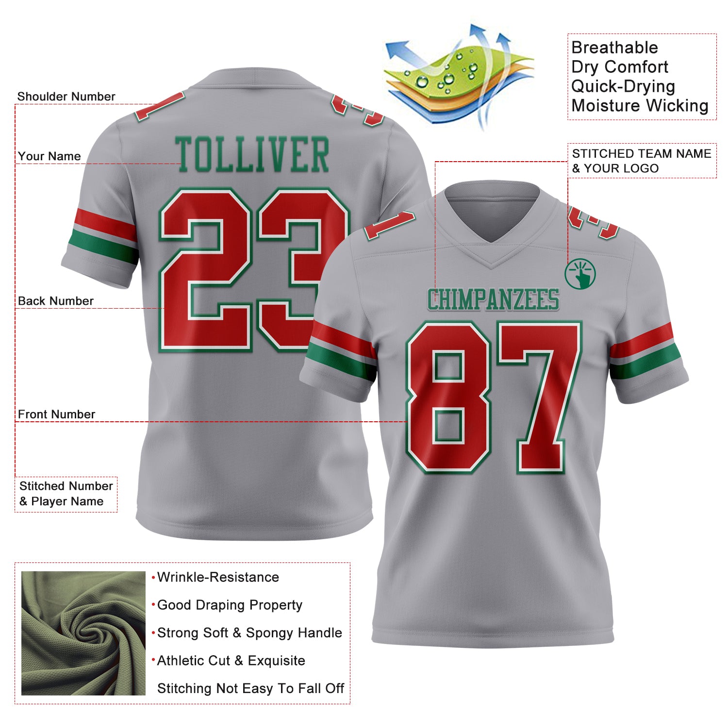 Custom Gray Red White-Kelly Green Authentic Football Jersey