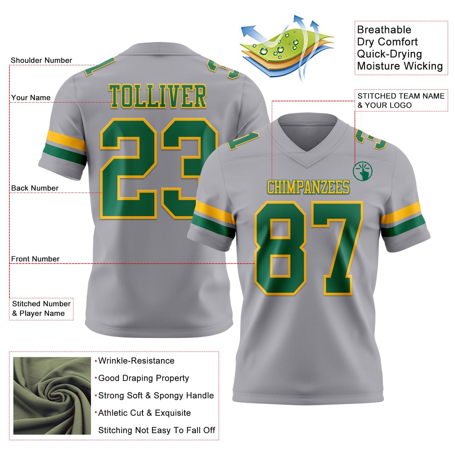 Custom Gray Kelly Green-Gold Authentic Football Jersey