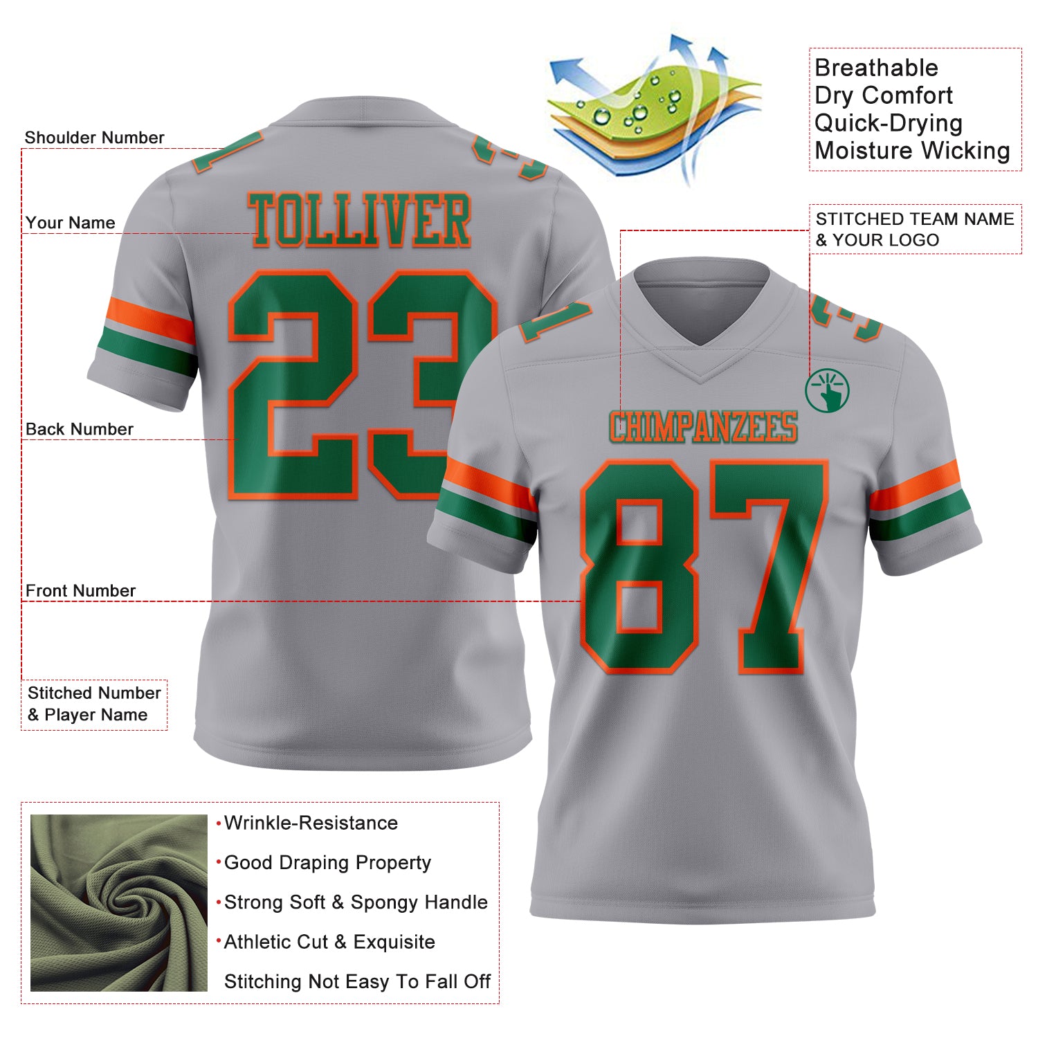 Custom Gray Kelly Green-Orange Authentic Football Jersey