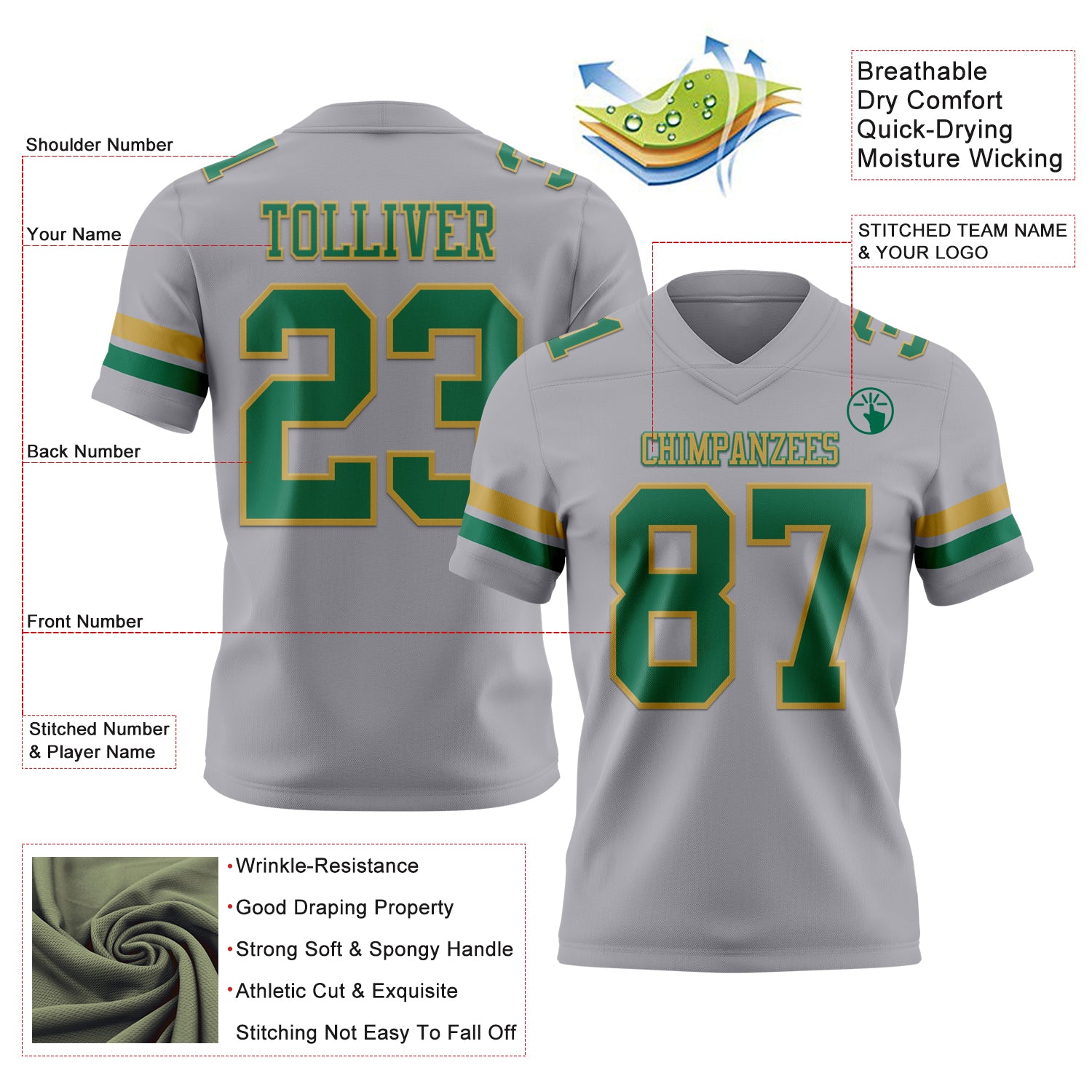 Custom Gray Kelly Green-Old Gold Authentic Football Jersey