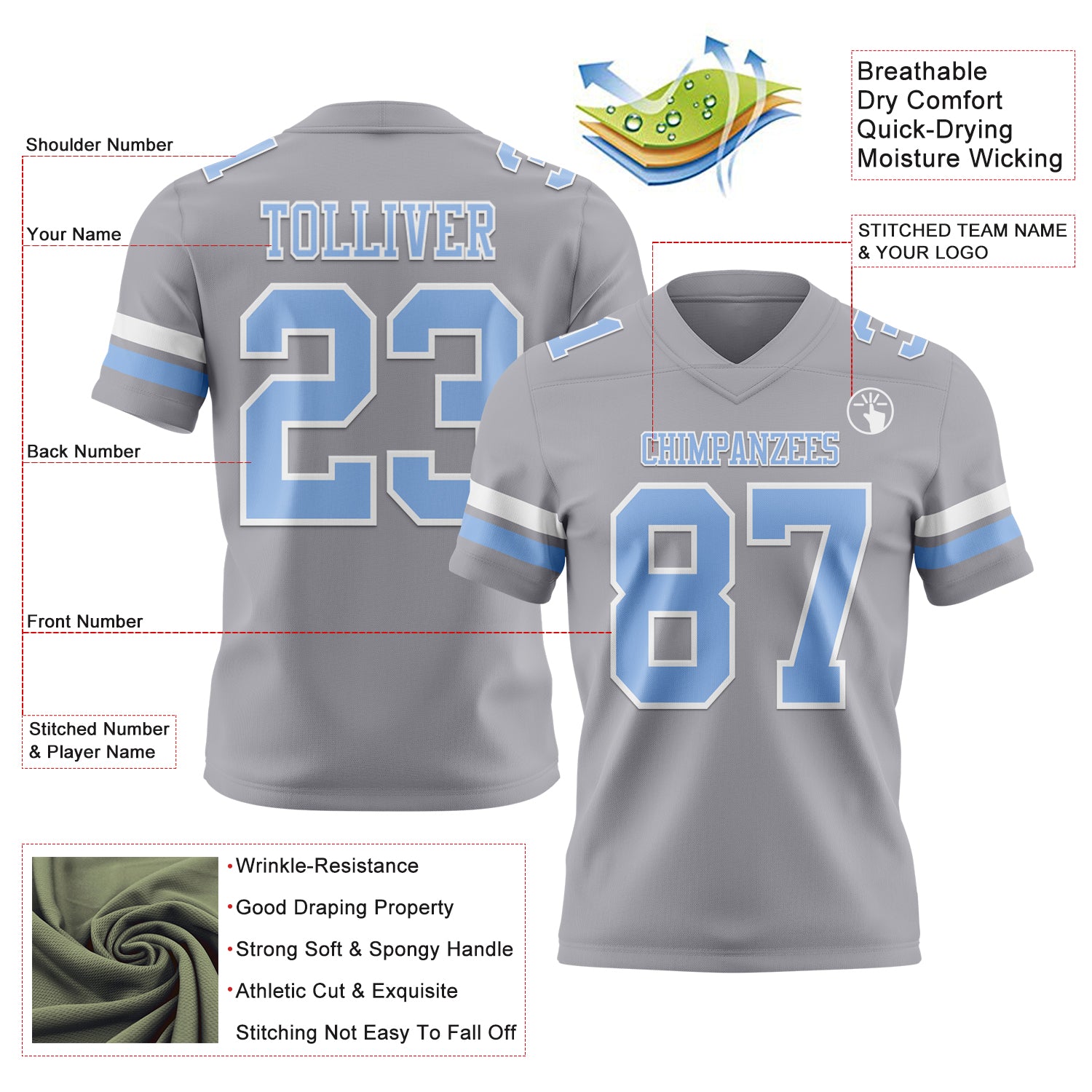 Custom Gray Light Blue-White Authentic Football Jersey