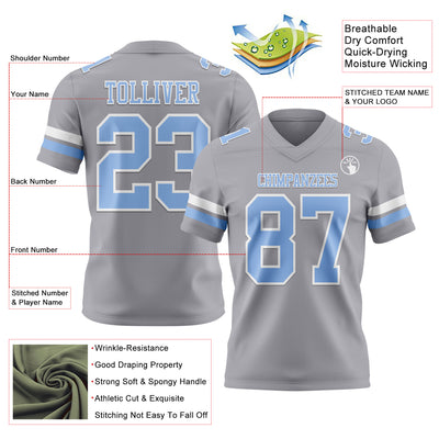 Custom Gray Light Blue-White Authentic Football Jersey