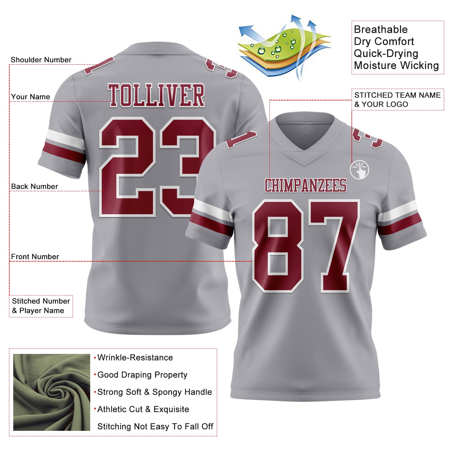 Custom Gray Crimson-White Authentic Football Jersey