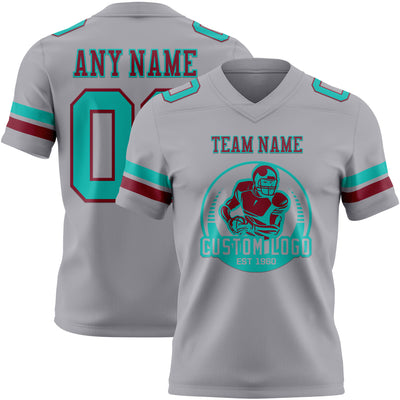 Custom Gray Aqua-Crimson Authentic Football Jersey