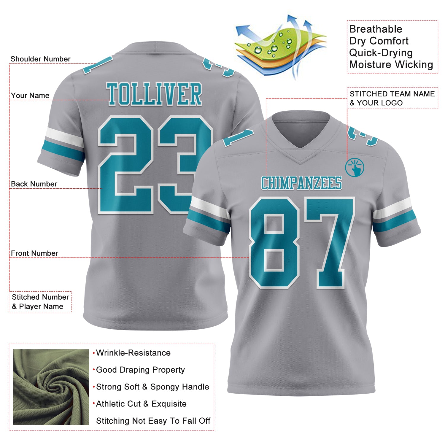 Custom Gray Teal-White Authentic Football Jersey