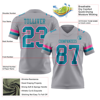 Custom Gray Teal White-Pink Authentic Football Jersey