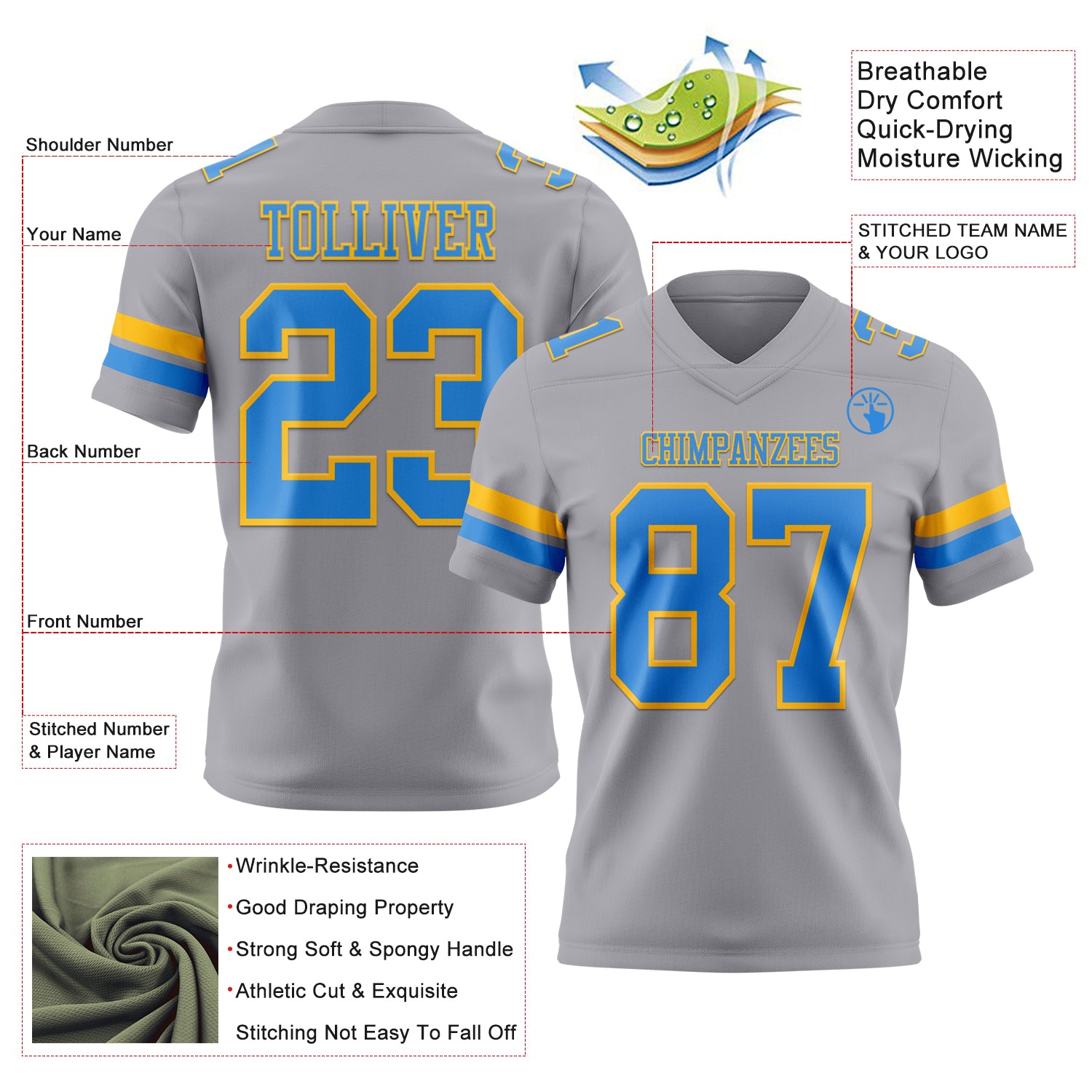 Custom Gray Powder Blue-Gold Authentic Football Jersey