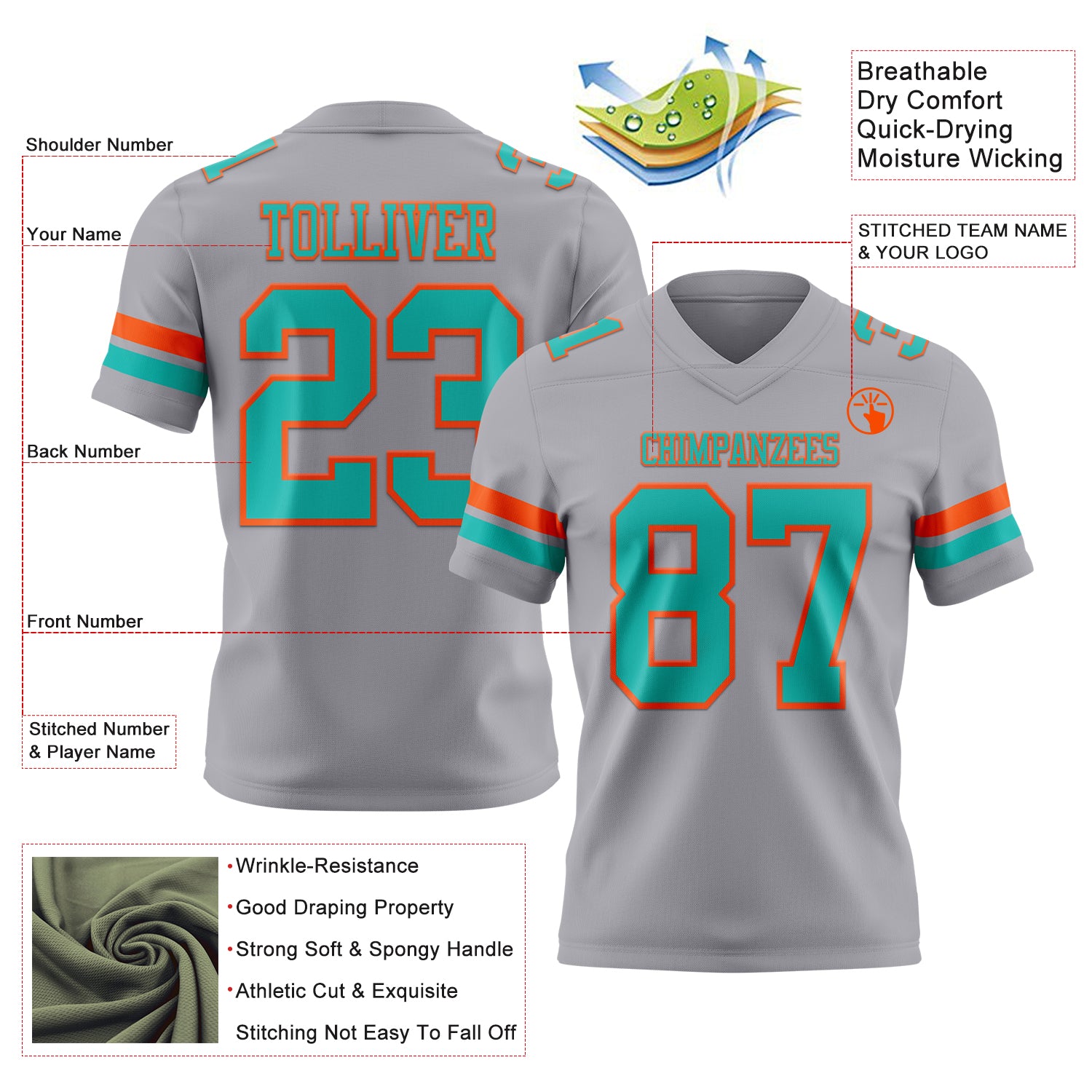 Custom Gray Aqua-Orange Authentic Football Jersey