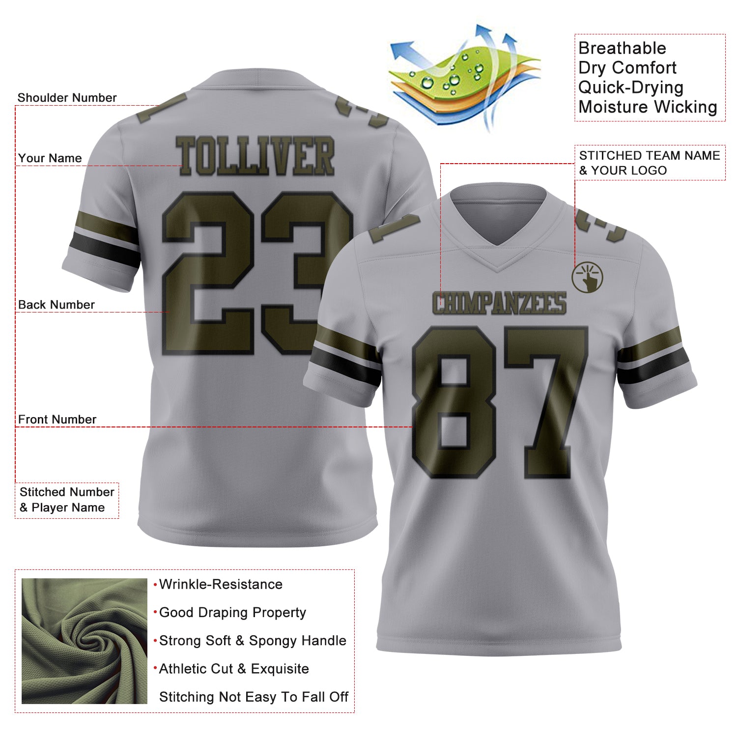 Custom Gray Olive-Black Authentic Football Jersey