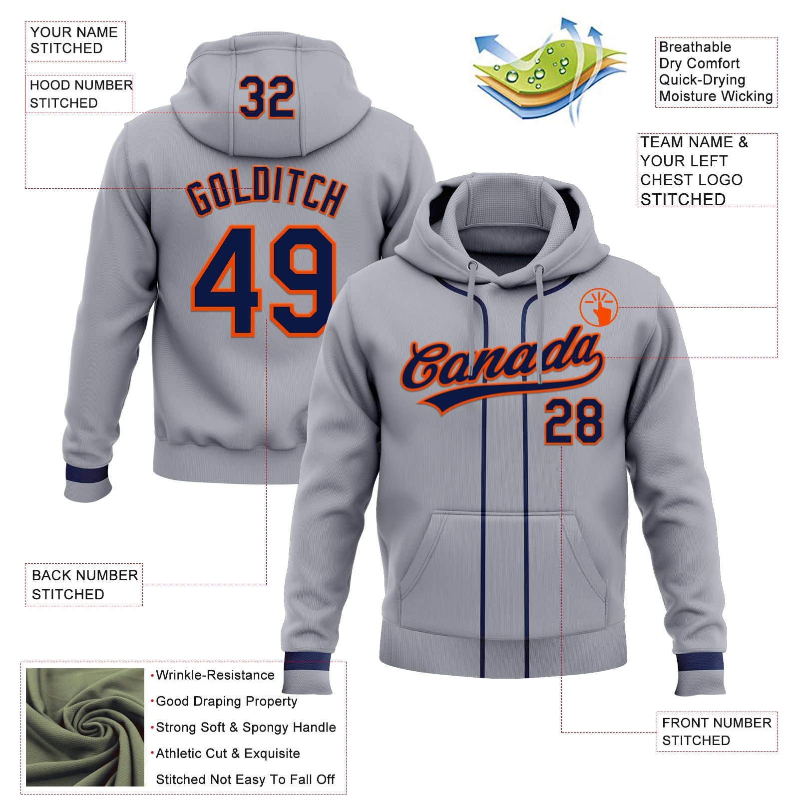 Custom Stitched Gray Navy-Orange Baseball Pullover Sweatshirt Hoodie