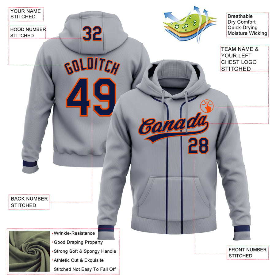 Custom Stitched Gray Navy-Orange Baseball Pullover Sweatshirt Hoodie