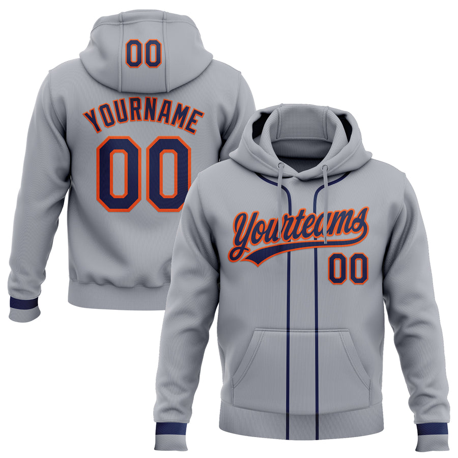 Custom Stitched Gray Navy-Orange Baseball Pullover Sweatshirt Hoodie