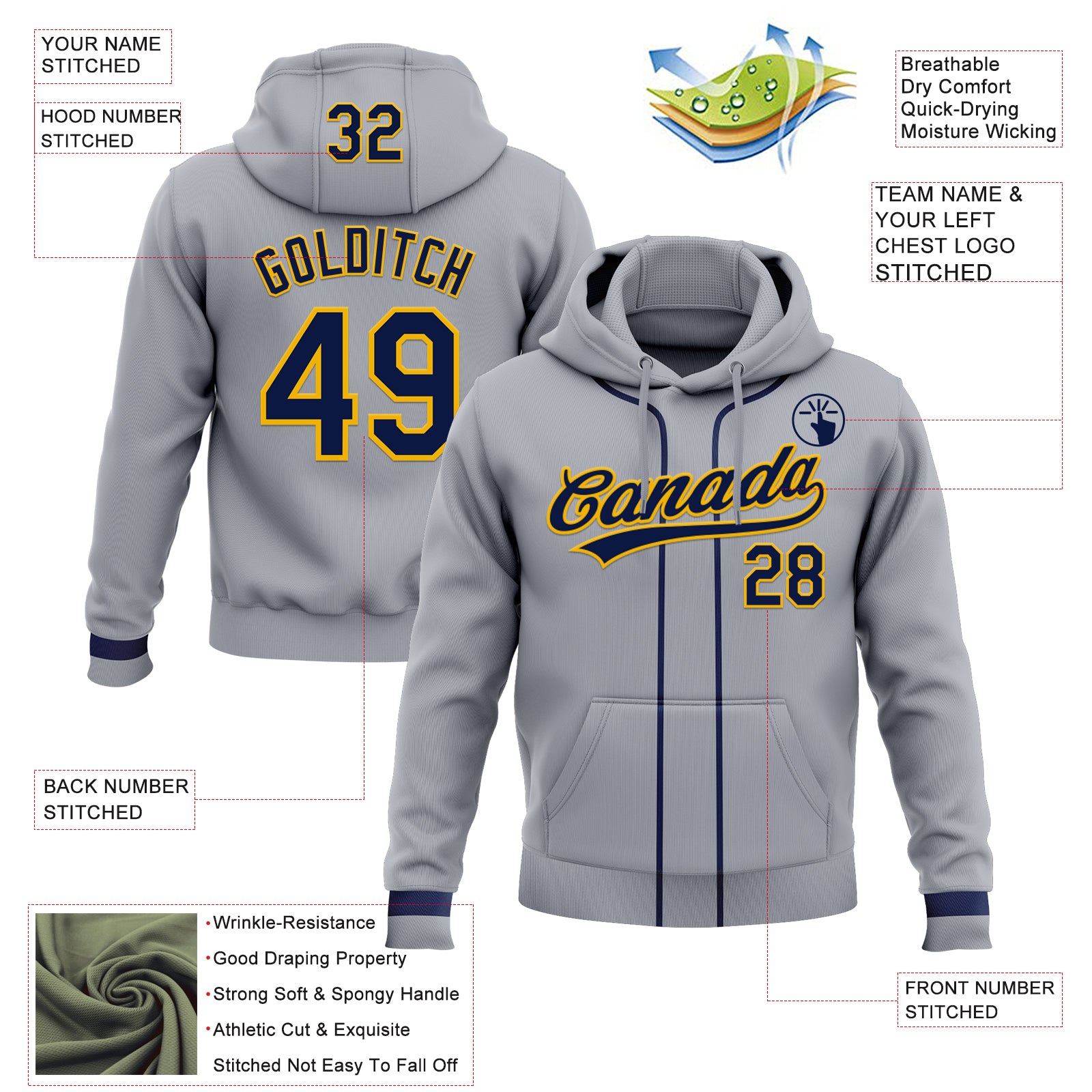 Custom Stitched Gray Navy-Gold Baseball Pullover Sweatshirt Hoodie