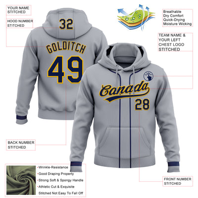 Custom Stitched Gray Navy-Gold Baseball Pullover Sweatshirt Hoodie