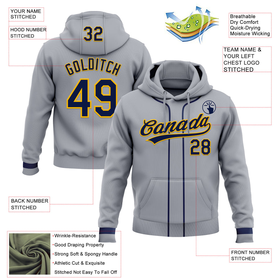 Custom Stitched Gray Navy-Gold Baseball Pullover Sweatshirt Hoodie