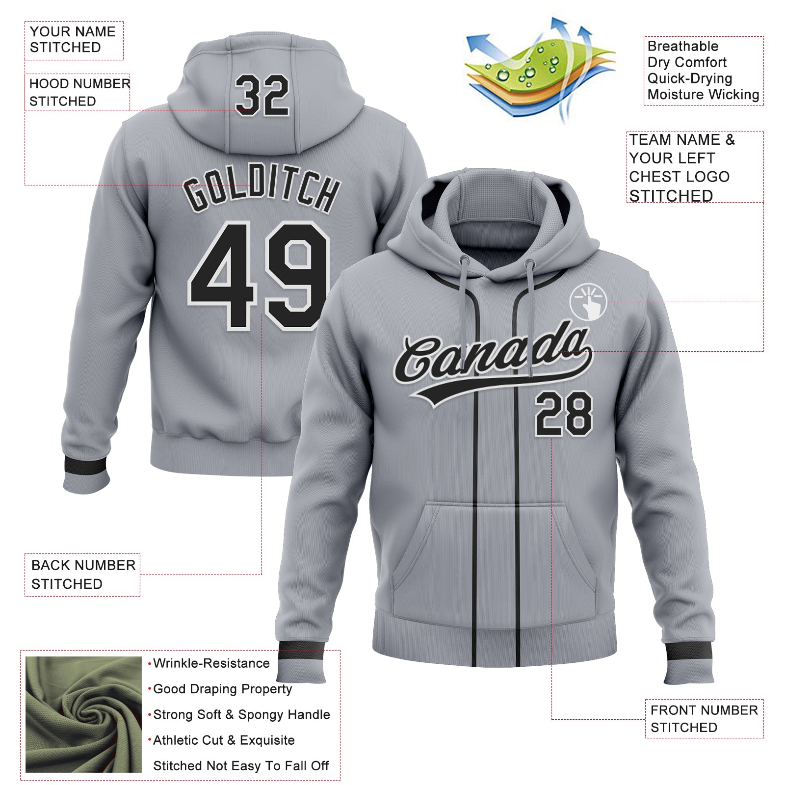Custom Stitched Gray Black-White Baseball Pullover Sweatshirt Hoodie