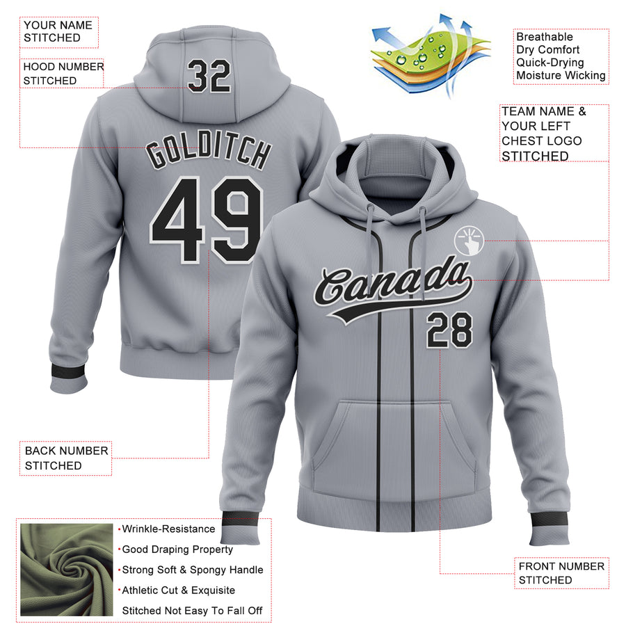 Custom Stitched Gray Black-White Baseball Pullover Sweatshirt Hoodie