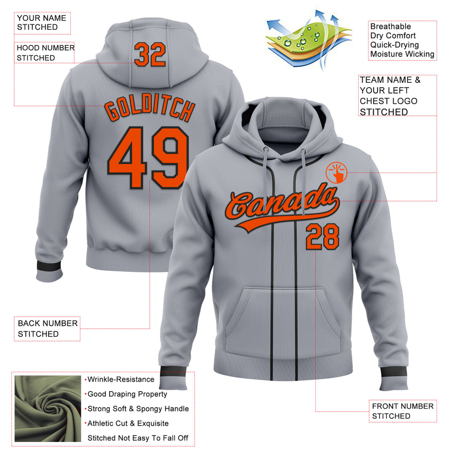 Custom Stitched Gray Orange-Black Baseball Pullover Sweatshirt Hoodie