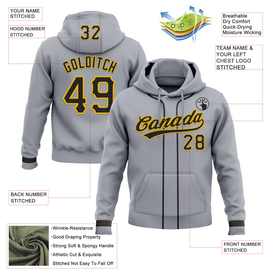 Custom Stitched Gray Black-Gold Baseball Pullover Sweatshirt Hoodie