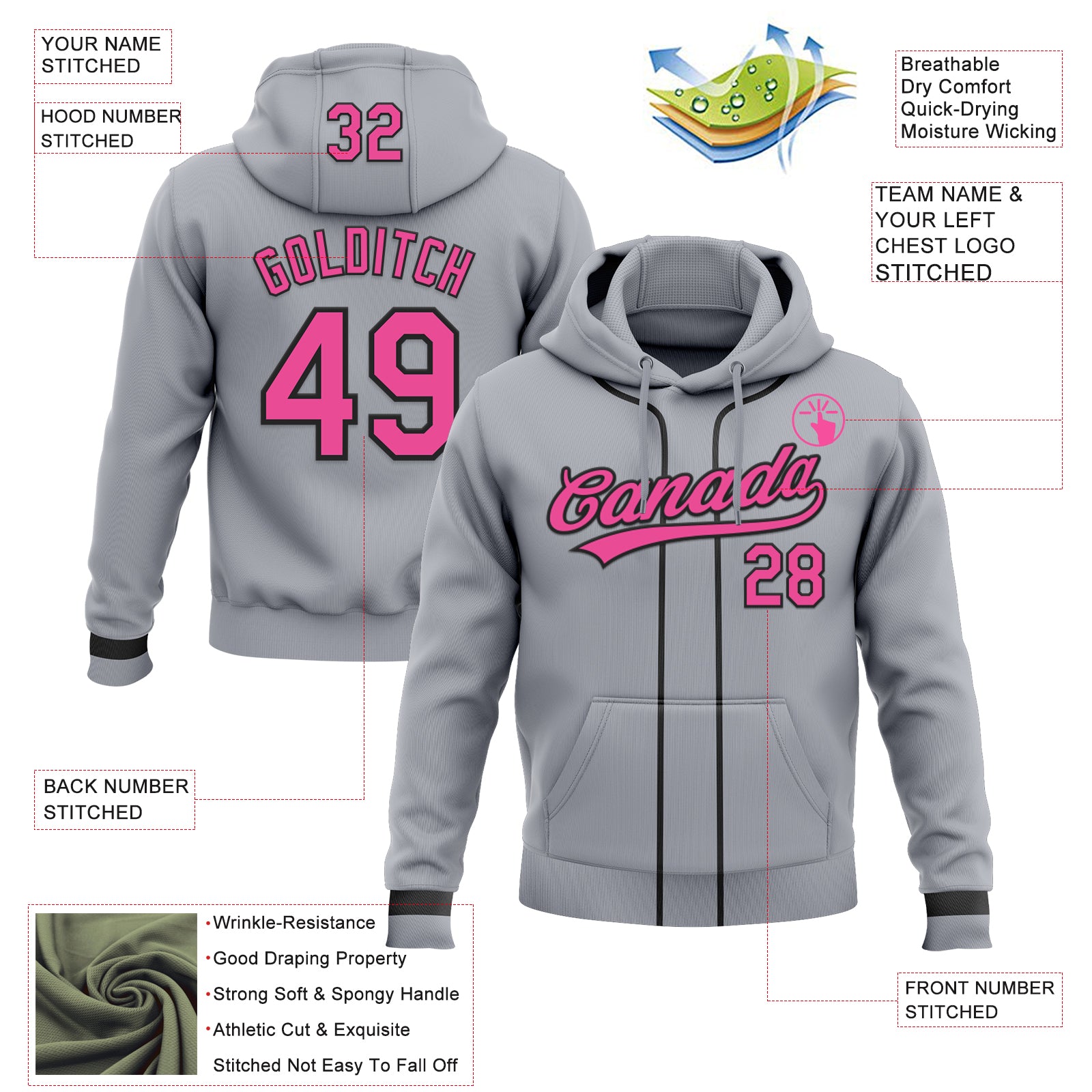 Custom Stitched Gray Pink-Black Baseball Pullover Sweatshirt Hoodie