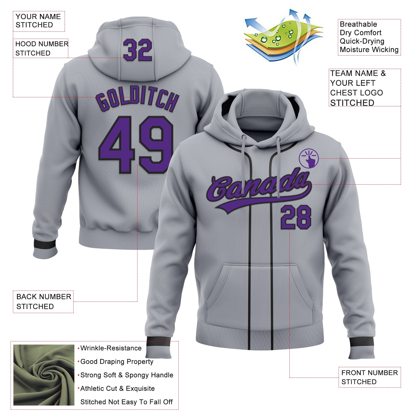 Custom Stitched Gray Purple-Black Baseball Pullover Sweatshirt Hoodie