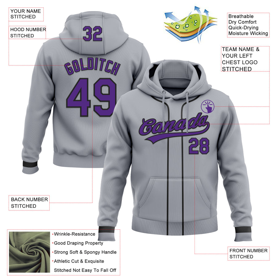 Custom Stitched Gray Purple-Black Baseball Pullover Sweatshirt Hoodie