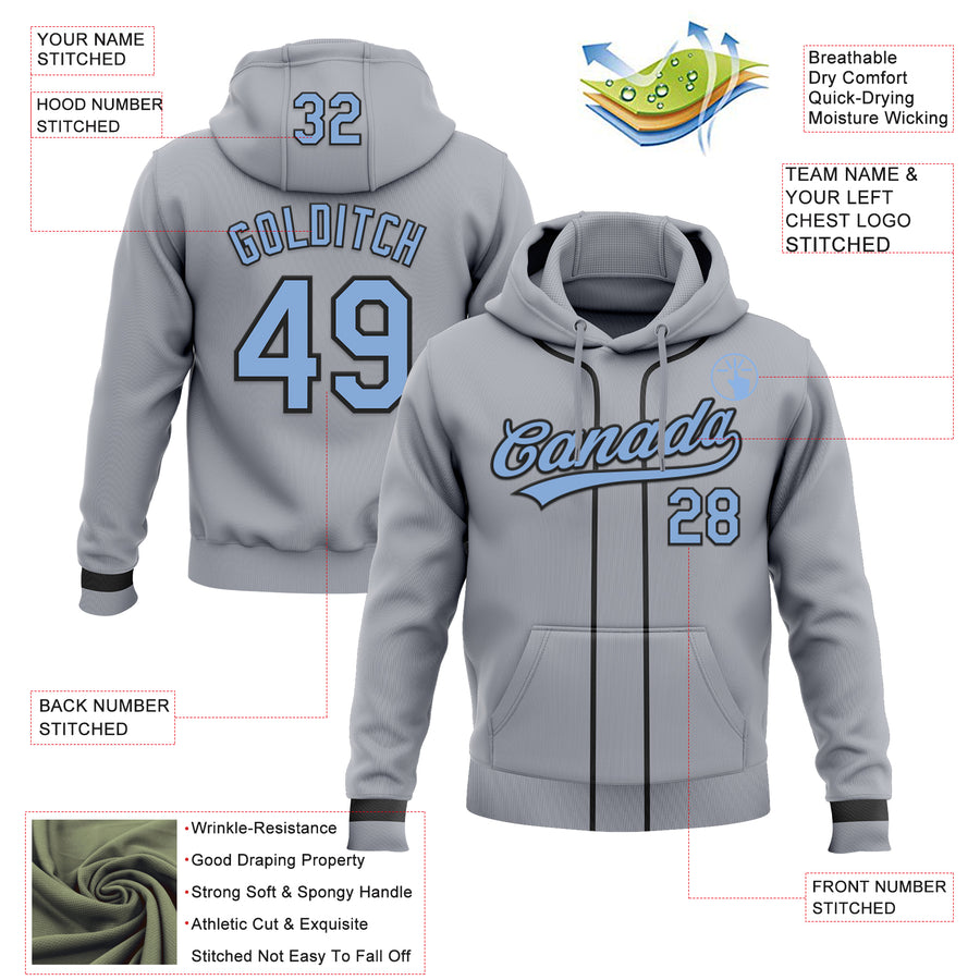Custom Stitched Gray Light Blue-Black Baseball Pullover Sweatshirt Hoodie